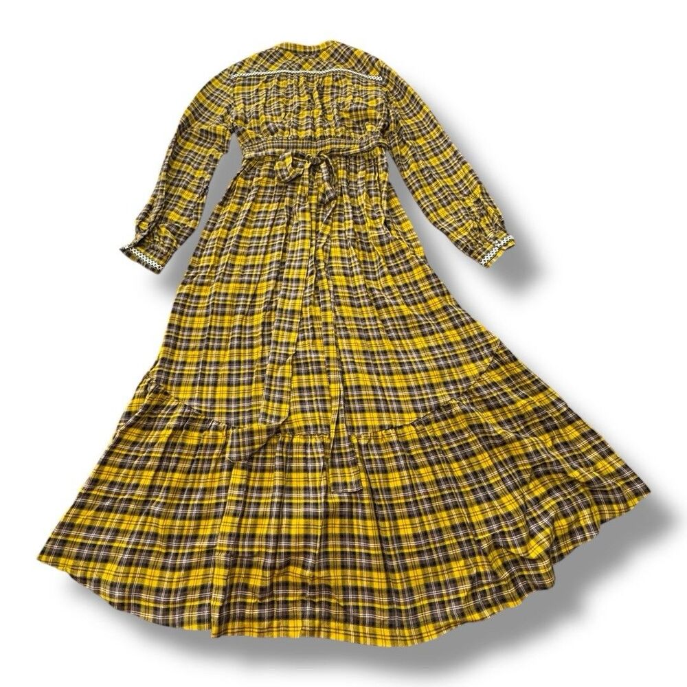 Anthropologie Dalton Wrap Dress Mustard Yellow Midi Tiered Plaid Women’s Size S - Picture 2 of 14
